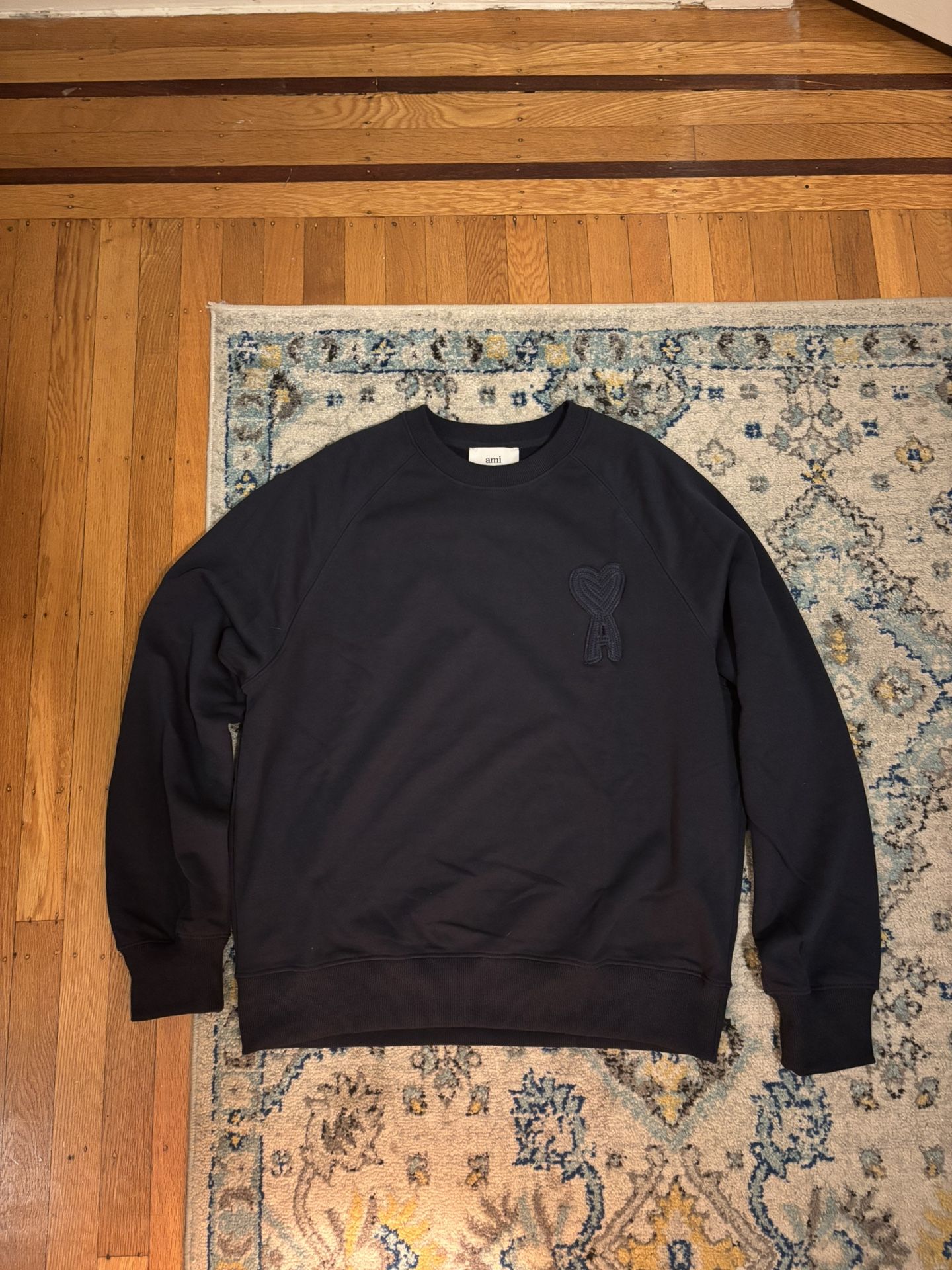AMI Paris Navy Blue Crewneck Sweater with Embroidered Logo