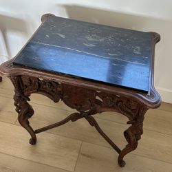 Antique Carved Wood Table with Black Marble Top