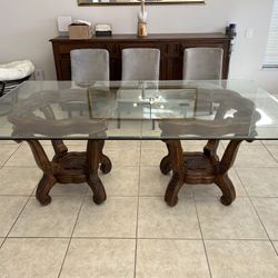 Glass Table With Wood Support 