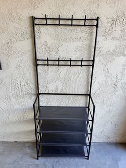 Coat and Shoe Rack, 4-Tier Freestanding Hall Tree with 8 Hooks, 31.5x10x61 Inch Entryway Organizer for Bedroom Hallway Office, Black