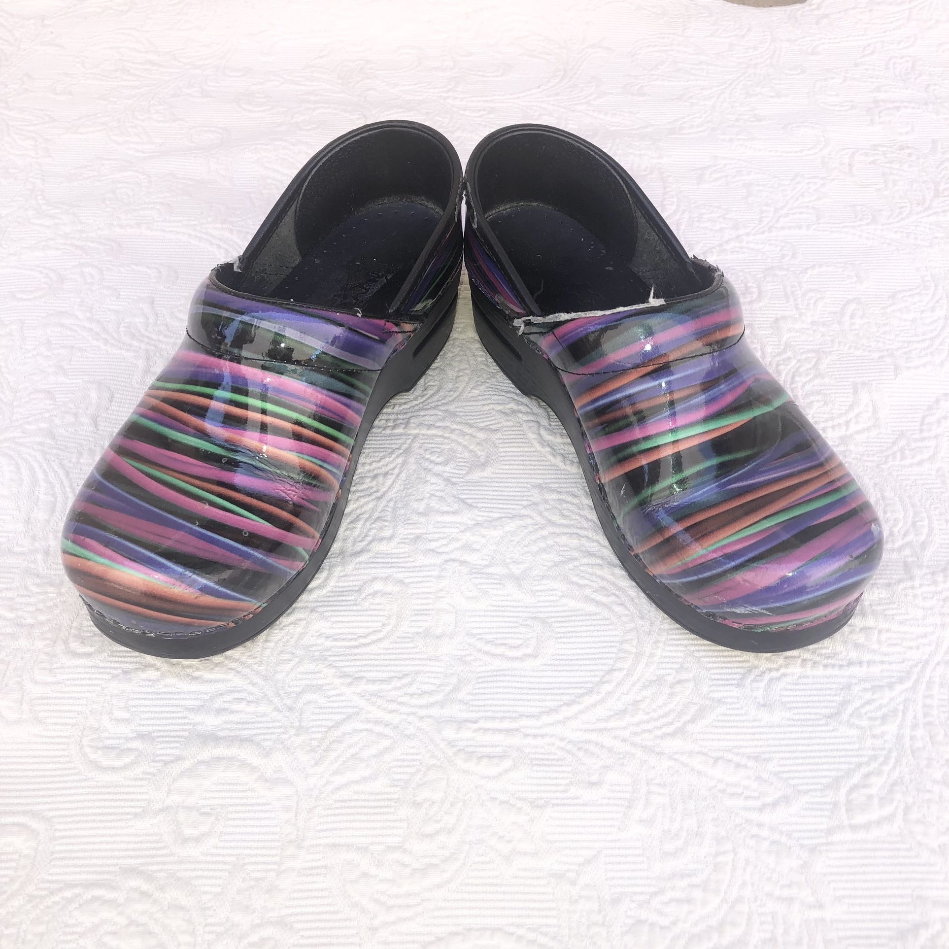 Dansko Women's Glossy Multi-Colored Neon Striped Leather Professional Clog
