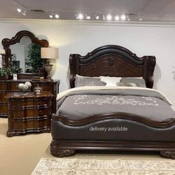 New/ Cherry Upholstered Panel Bedroom Set,Bed, Dresser, Mirror, Nightstand/ Queen&King Size Available/ Mattress Sold Separately 