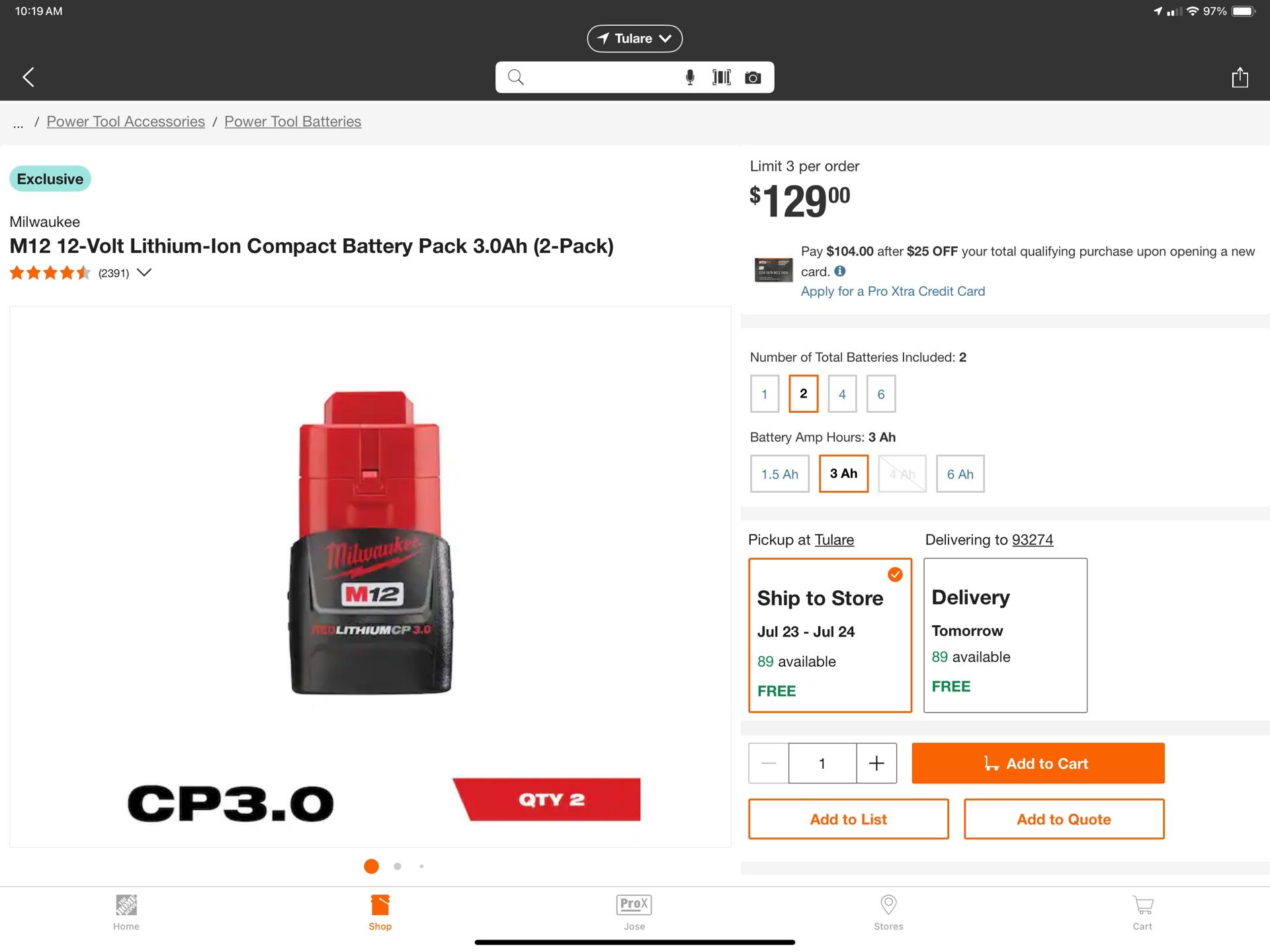 M12 3.0 CP (2) Pack Batteries $95  