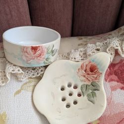 Vintage Porcelain Tea Strainer With Receptacle~Hand Painted Roses~Mid Century