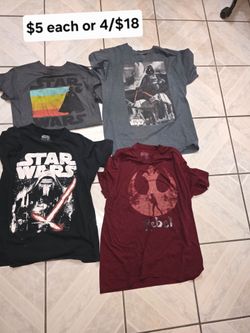Star Wars used T-Shirts: Rebel Alliance symbol with a silhouette of Luke Skywalker, Kylo Ren. Darth Vader unisex size large. $5 each or 4/$18
Pick up 