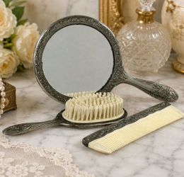 Vintage Ornate Silver Tone Vanity Set Mirror Brush Comb Floral Repoussé