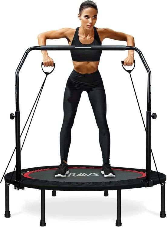 New RAVS Mini Trampoline for Kids Adults 40"/48" Foldable Fitness Rebounder Kids Trampoline W/ 5 Levels Height Adjustable Handle Resistance Bands Indo
