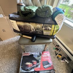 Camping tent, gas, bed,swing, lamp with 3 camping chair free