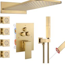 Shower Faucet Set Brushed Gold Shower System,Push Button Diverter Shower Faucet with 2 in 1 Handheld,Wall Mount 22 * 10 Inch Shower Head with 4 PCS Bo