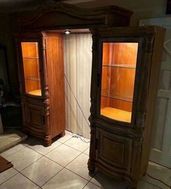 Glass Cabinets With Glass Shelves & Lights- Solid Wood- Good Condition