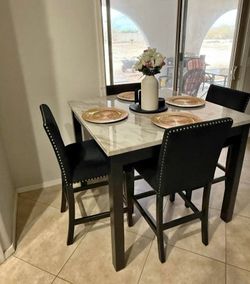 Elegant! 5-pc dining table set white faux marble table top with black velvet upholstered Chairs New in box 🎁