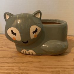Cat planter gray sleeping kitty ceramic  A8
