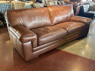 SIMON LI Myars 91″ Leather Sofa w/ Contrast Piping – Stampede Cognac