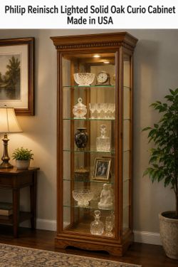 Philip Reinisch Lighted Solid Oak Curio Cabinet Made in USA