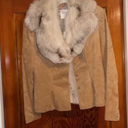 2 Piece Ultra Suede Tan Suit With Fur Collar