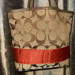 Coach jacquard signature strip tote with Leather Trim 