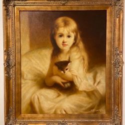 Beautiful 23x20 Framed Oil on Canvas Painting Girl Holding Kitty, $425, John Emms 