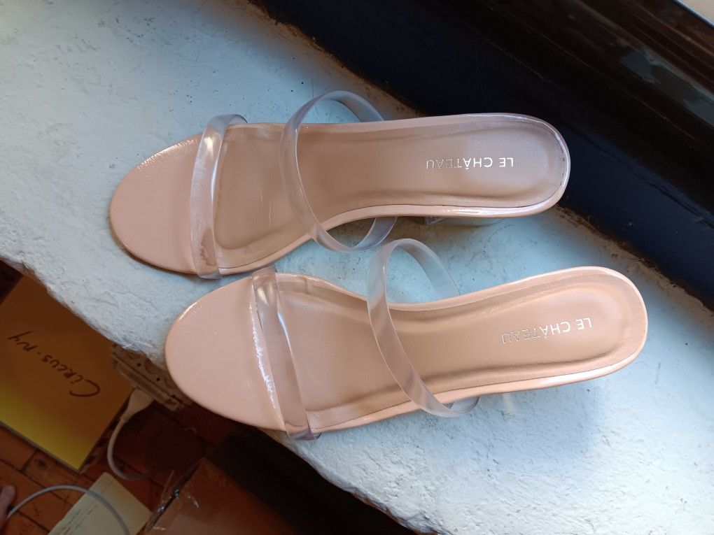 Nude And Clear Block Heel Sandals