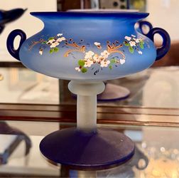 Hand-painted Bohemian (Czech) cobalt blue glass PEDESTAL BOWL
