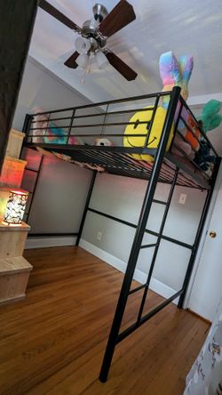 Black Metal Loft Bed with built in ladder, fits Full Size Mattress, Adult or Child