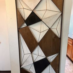 Geometric Wood and Metal Wall Art - Brown, Black, White