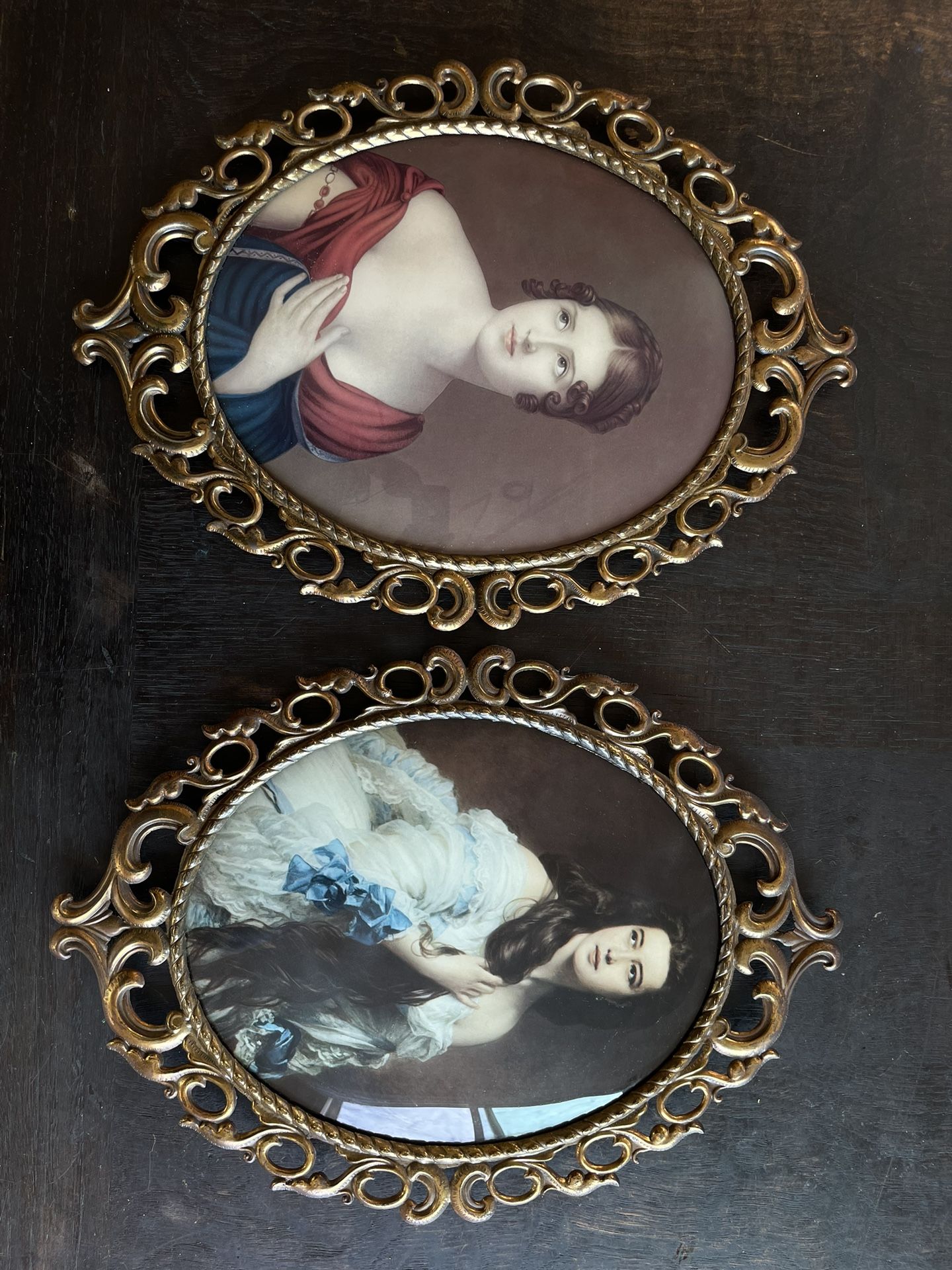 16.5” Vintage Bubble Glass Oval Ornate Framed Portraits/Photos  of Pauline Bonaparte and Madame Rimsky-Korsakov
