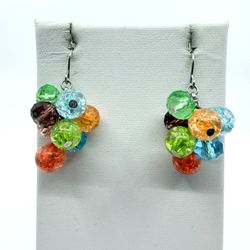 VTG Y2K Multi Color Crystal Crackle Glass Dangle Earrings - Boho Gift