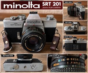Vintage Minolta SR-T 201 35mm Film Camera – Rokkor-X 45mm Lens – Untested