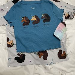 $5 Girls' Afro Unicorn 2-Pack Unicorn Tops Light Grey/Deep Teal 