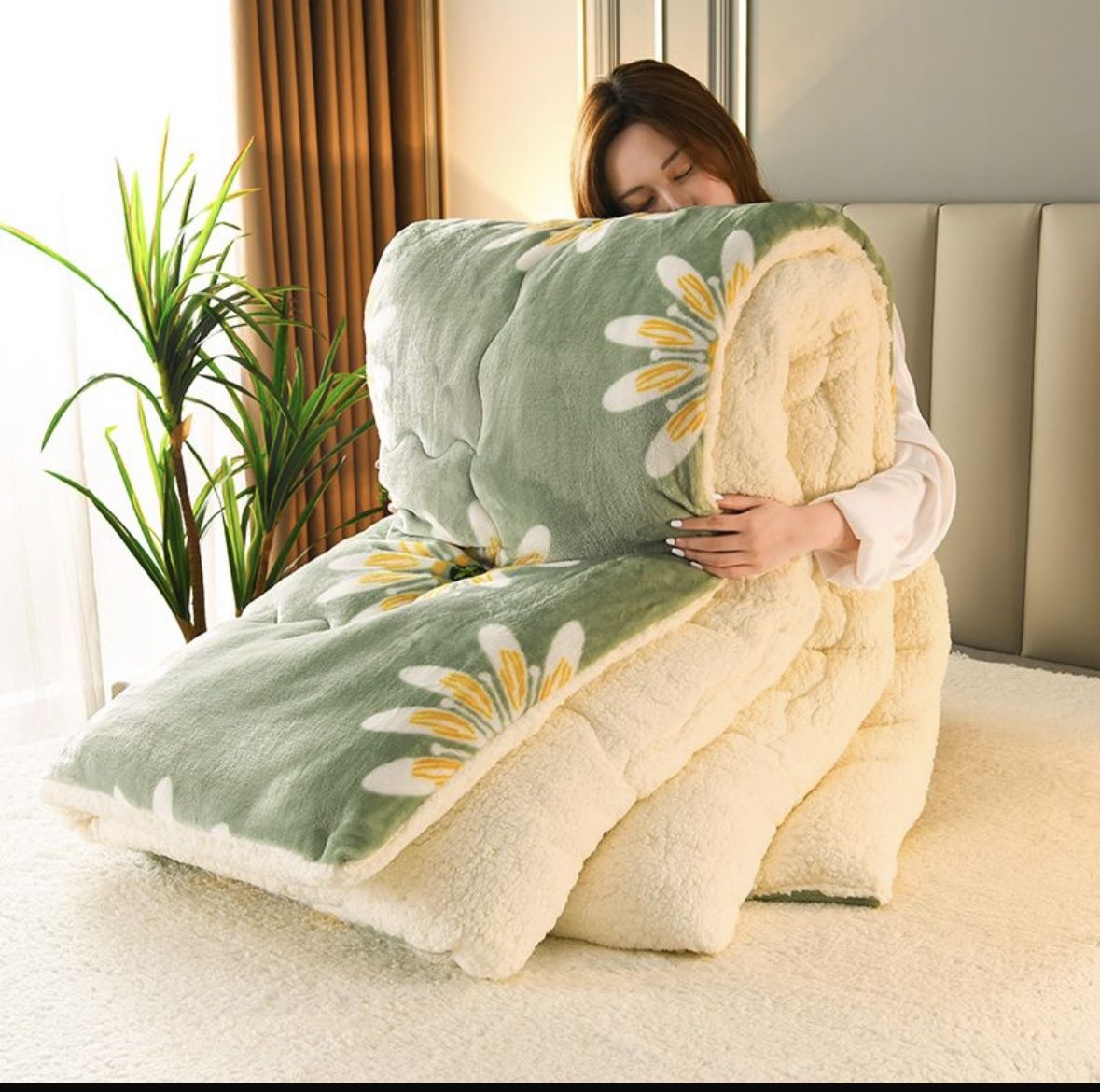 Korean Style Flower 3D Printed sleep aid Green Winter Thick Reversible Sherpa Comforter