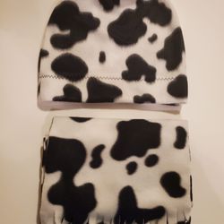 New Cow Print Fleece Beanie Hat and scarf Set Adult sz Hand Crafted