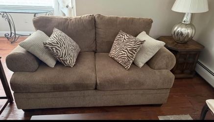 Tan Fabric Loveseat with Throw Pillows
