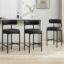 28'' Faux Leather Bar Stools Set of 3, Bar Height Stools for Kitchen Island, Black Barstools with Backs, Upholstered Counter Chairs (Vegan Leather, Bl