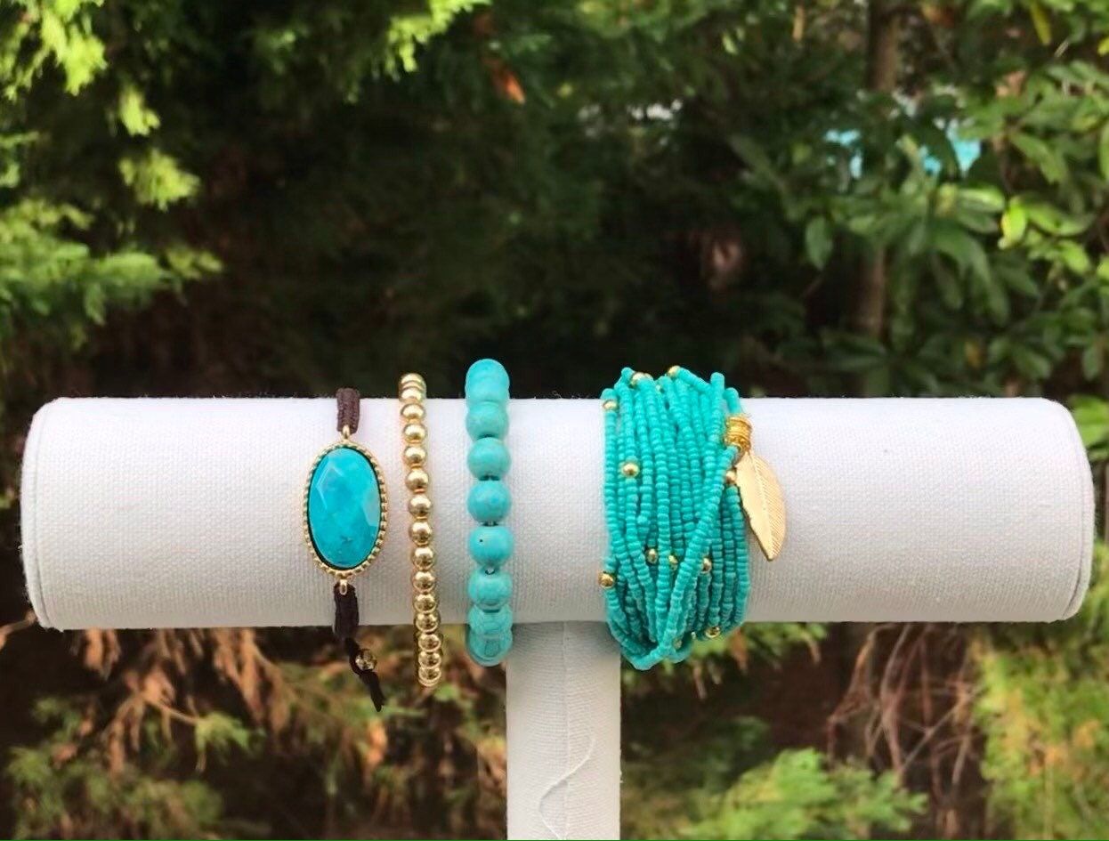 Stretch Gold Bracelet, Cha , Beaded, Bohemian , Bracelet Set, Turquoise Bracelet, Genuine Healing Stone, Sliding Knot, Handmade, Adjustable