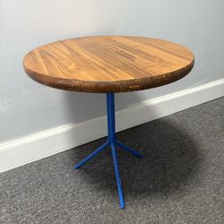 Round Wooden Side Table with Blue Tripod Base
