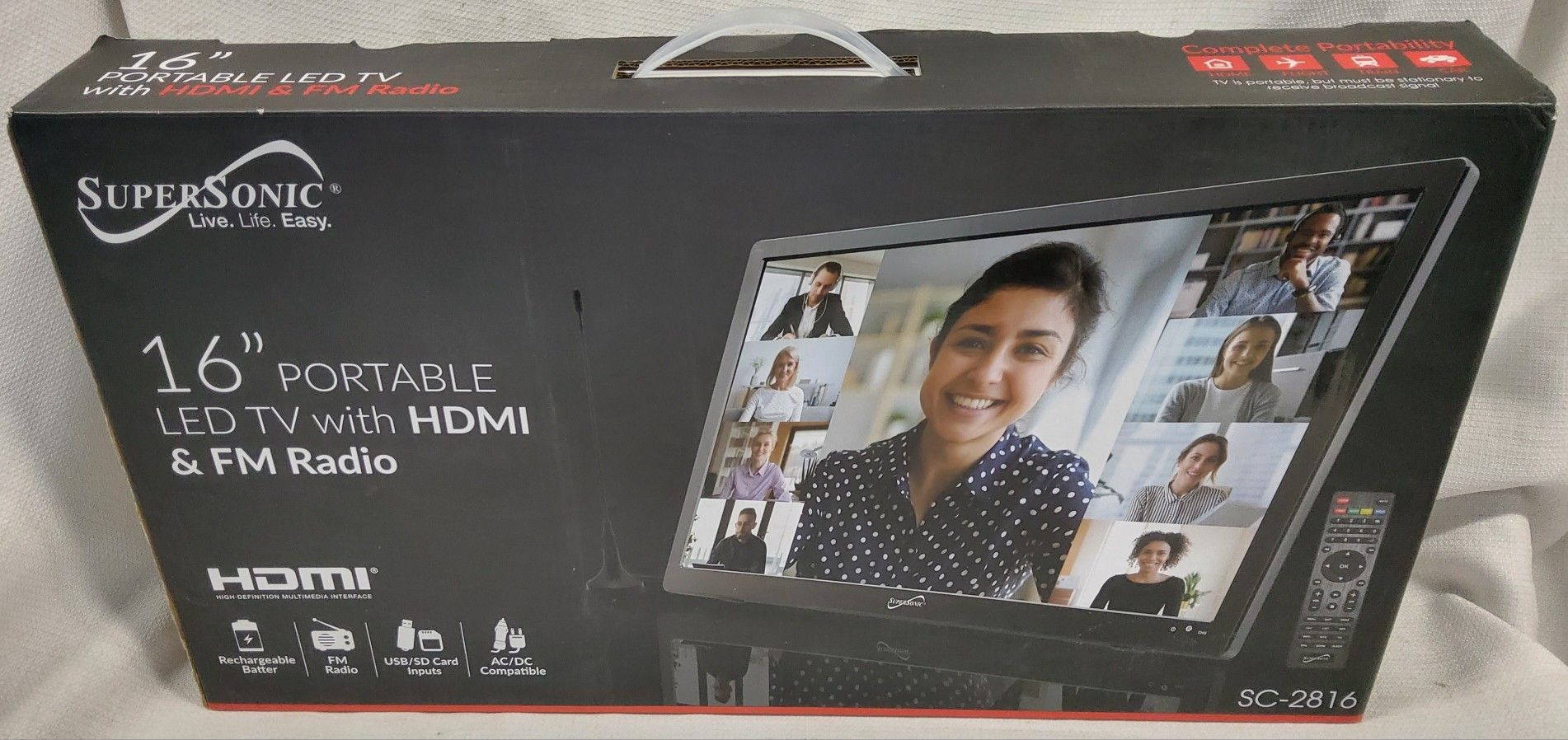 Brand New in Box! Supersonic SC-2816 16-Inch Widescreen LED Portable TV with Crisp Display, USB/HDMI Inputs, Rechargeable Battery, FM Radio, and AC/DC