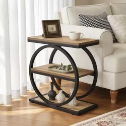 Tribesigns 24 in. Brown Rectangle Wood End Table with 3 Tiers Storage Shelves