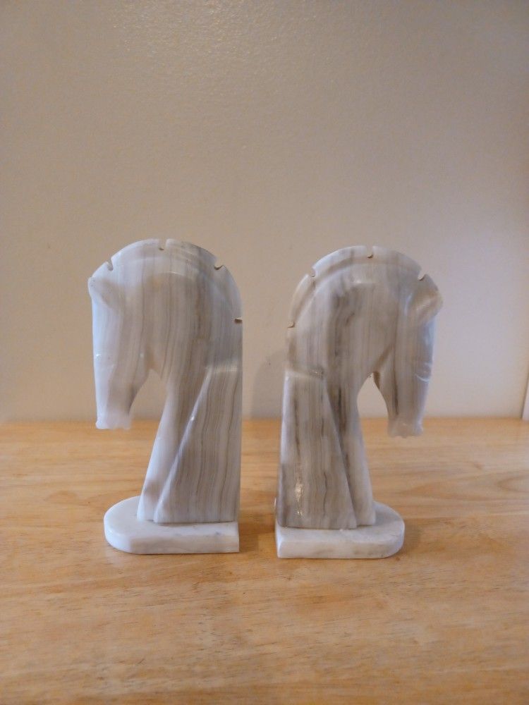 Vintage Marble Carved Horse Head Bookends Figurines Decor