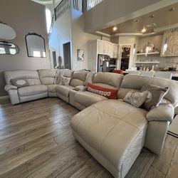 Cream Leather Sectional Couch 