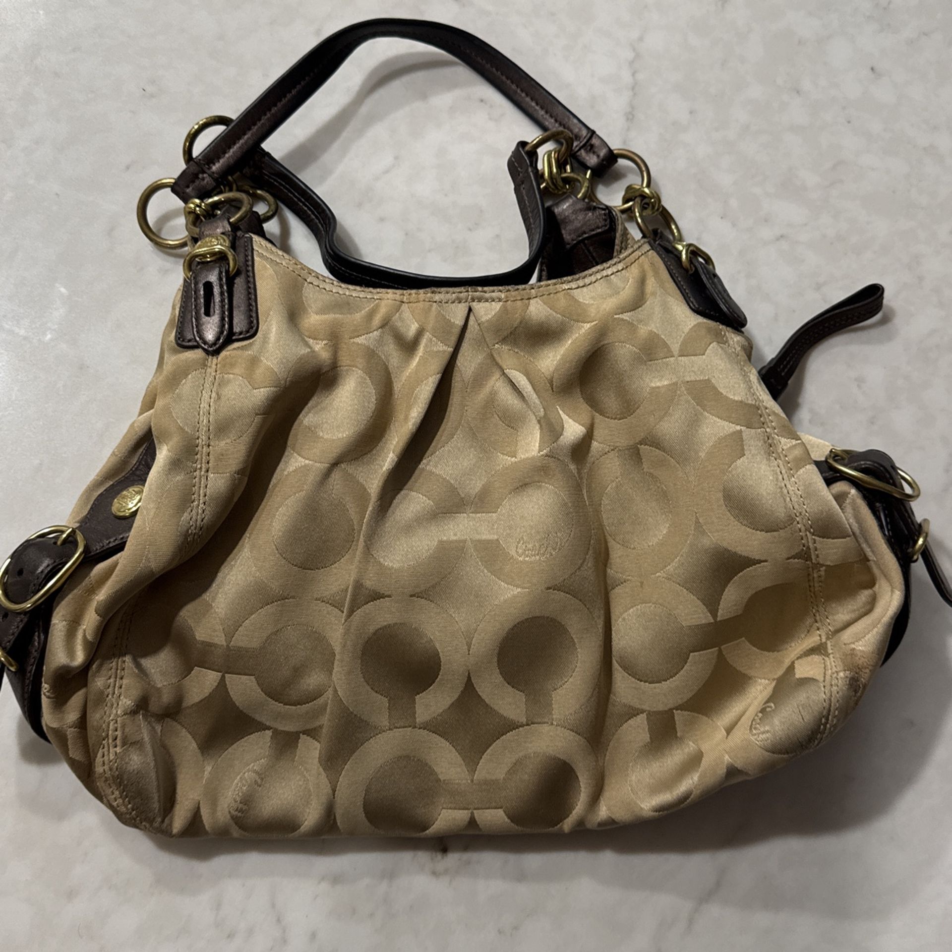 Coach Maggie Signature Op Art Tan Brown Sateen Carryall Shoulder Handbag 15757