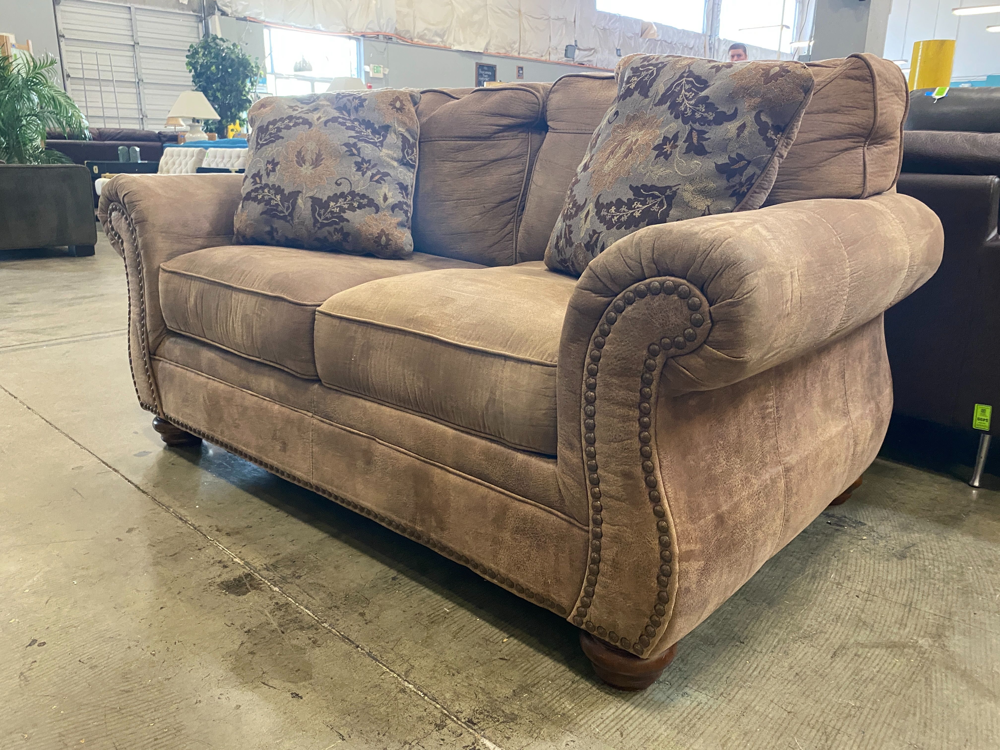 ASHLEY Brown Leather Studded Roll Arm Loveseat
