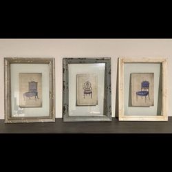 Trio Of Pottery Barn French Chair Framed Prints In Distressed Floating Frames