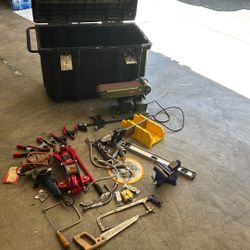 Miscellaneous tools And Husky Bin. Sander, Braid Nailer, Miter Saw, Jig Saw And Clamps. Must Take All 