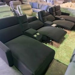 Brand New Lifestyle Prado Black 7pc Dual Chaise Power Reclining Theatre Seating with USB & Bluetooth