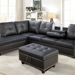 New Black Leather Sectional Sofa Couch With Storage Ottoman And Pillows New In Packaging 