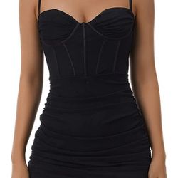 🆕️ Sexy Ruched Bodycon Mini Dress Sheer Mesh Sleeveless Spaghetti Strap black L