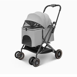 Dog Stroller with Durable Shock-Absorbing PU Wheels, Scratch Waterproof Fabric, One-Handed Folding, No Zipper, Dual Entry Ventilated Design(Grey)