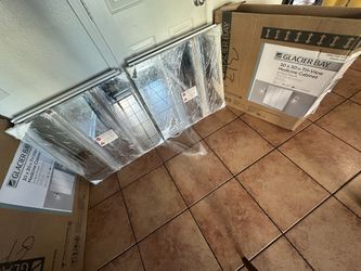 2 Glacier Bay 30in W x 30in H Rectangular Medicine Cabinet with Mirror in White with Adjustable Shelves- Minor Damage On The Back 