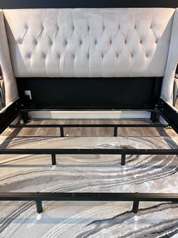 King Tufted Upholstered Wingback Bed Frame