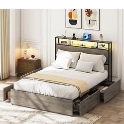 Tatub LED Queen Bed Frame with 4 Storage Drawers & Charging Station, Platform Metal Bed Frame with Headboard, Noise-Free, No Box Spring Needed, Ancien